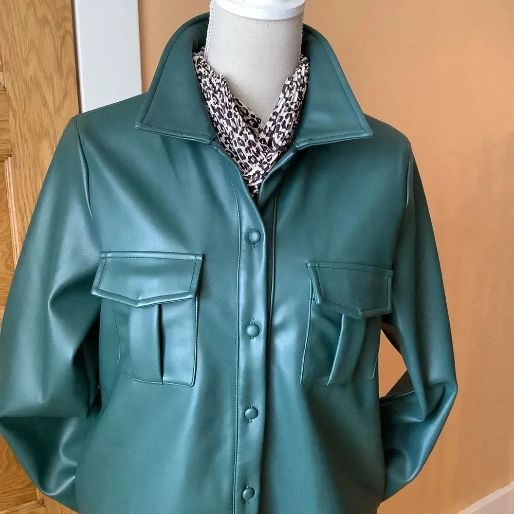 HILARY MACMILLAN Forest Green Vegan Faux Leather Shirt Dress Midi M - Picture 5 of 13